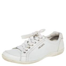 Pre Owned Prada White Leather Lace Up Trainer Sneakers Size 37