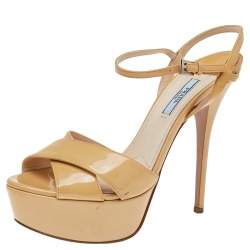 Pre Owned Prada Beige Patent Leather Cross Strap Peep Toe Platform Sandals Size 39