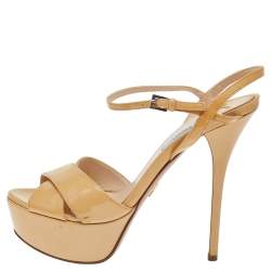 Pre Owned Prada Beige Patent Leather Cross Strap Peep Toe Platform Sandals Size 39