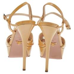Pre Owned Prada Beige Patent Leather Cross Strap Peep Toe Platform Sandals Size 39