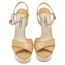 Pre Owned Prada Beige Patent Leather Cross Strap Peep Toe Platform Sandals Size 39