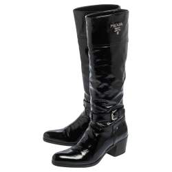 Pre Owned Prada Black Patent Leather Knee Length Boots Size 37
