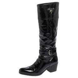 Pre Owned Prada Black Patent Leather Knee Length Boots Size 37