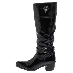 Pre Owned Prada Black Patent Leather Knee Length Boots Size 37