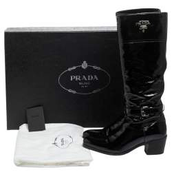 Pre Owned Prada Black Patent Leather Knee Length Boots Size 37