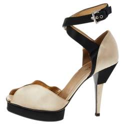 Pre Owned Prada Beige/Black Satin Slingback Sandals Size 38