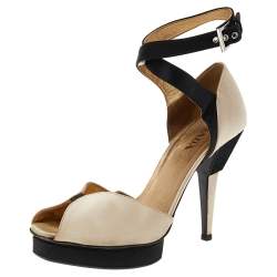 Pre Owned Prada Beige/Black Satin Slingback Sandals Size 38