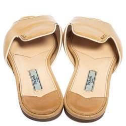 Prada Beige Patent Saffiano Leather Flat Slides Size 37