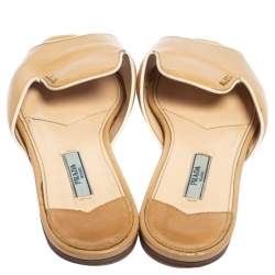 Pre Owned Prada Beige Patent Saffiano Leather Flat Slides Size 37
