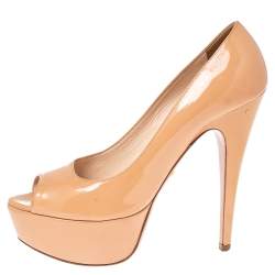 Pre Owned Prada Beige Patent Leather Peep Toe Platform Pumps Size 39