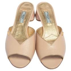 Pre Owned Prada Beige Patent Saffiano Leather Block Heel Slide Sandals Size 39