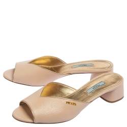 Pre Owned Prada Beige Patent Saffiano Leather Block Heel Slide Sandals Size 39