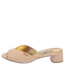 Pre Owned Prada Beige Patent Saffiano Leather Block Heel Slide Sandals Size 39