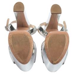 Pre Owned Prada Metallic Silver Leather Platform Ankle Strap Sandals Size 38.5