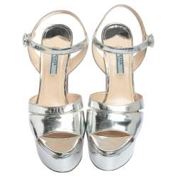 Pre Owned Prada Metallic Silver Leather Platform Ankle Strap Sandals Size 38.5