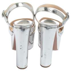 Pre Owned Prada Metallic Silver Leather Platform Ankle Strap Sandals Size 38.5