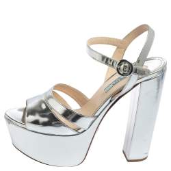 Pre Owned Prada Metallic Silver Leather Platform Ankle Strap Sandals Size 38.5
