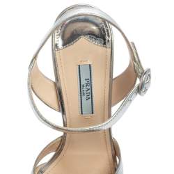Pre Owned Prada Metallic Silver Leather Platform Ankle Strap Sandals Size 38.5