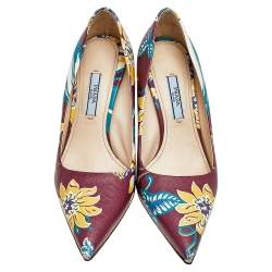 Pre Owned Prada Burgundy Flower Print Leather Pointed Toe Pumps Size 36
