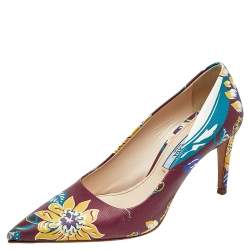 Pre Owned Prada Burgundy Flower Print Leather Pointed Toe Pumps Size 36