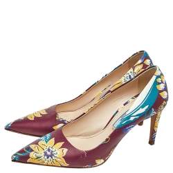 Pre Owned Prada Burgundy Flower Print Leather Pointed Toe Pumps Size 36