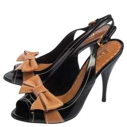 Pre Owned Prada Black/Brown Patent Leather And Leather Bow Slingback Sandals Size 36.5