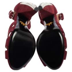 Pre Owned Prada Maroon Suede Crystal Embellished Heel Peep Toe Ankle Strap Sandals Size 39