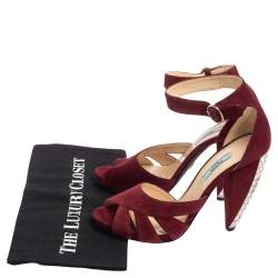 Pre Owned Prada Maroon Suede Crystal Embellished Heel Peep Toe Ankle Strap Sandals Size 39