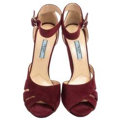 Pre Owned Prada Maroon Suede Crystal Embellished Heel Peep Toe Ankle Strap Sandals Size 39