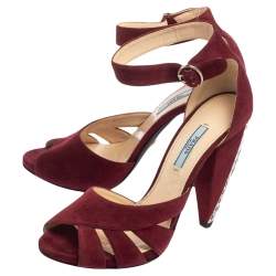 Pre Owned Prada Maroon Suede Crystal Embellished Heel Peep Toe Ankle Strap Sandals Size 39