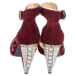 Pre Owned Prada Maroon Suede Crystal Embellished Heel Peep Toe Ankle Strap Sandals Size 39