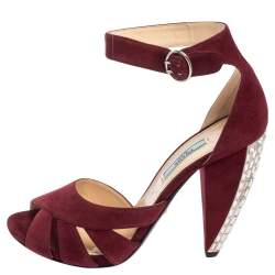 Pre Owned Prada Maroon Suede Crystal Embellished Heel Peep Toe Ankle Strap Sandals Size 39