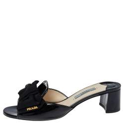 Pre Owned Prada Black Patent Saffiano Leather Bow Block Heel Slide Sandals Size 37