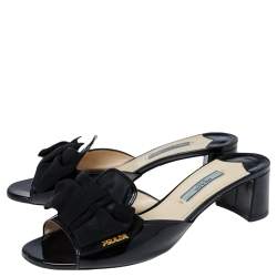 Pre Owned Prada Black Patent Saffiano Leather Bow Block Heel Slide Sandals Size 37