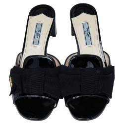 Pre Owned Prada Black Patent Saffiano Leather Bow Block Heel Slide Sandals Size 37
