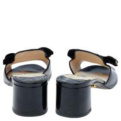 Pre Owned Prada Black Patent Saffiano Leather Bow Block Heel Slide Sandals Size 37