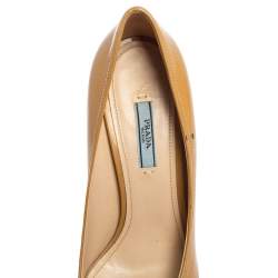 Pre Owned Prada Beige Patent Leather Bow Peep Toe Wedge Pumps Size 40