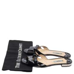 Pre Owned Prada Black Patent Leather Bow Crystal Embellished Flats Size 37.5