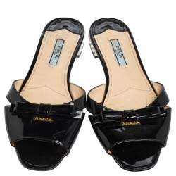 Pre Owned Prada Black Patent Leather Bow Crystal Embellished Flats Size 37.5