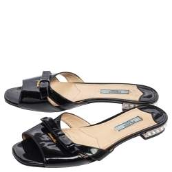 Pre Owned Prada Black Patent Leather Bow Crystal Embellished Flats Size 37.5