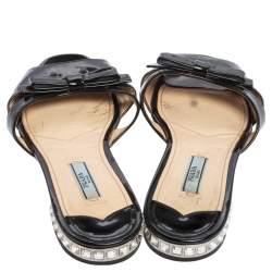 Pre Owned Prada Black Patent Leather Bow Crystal Embellished Flats Size 37.5