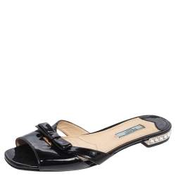 Pre Owned Prada Black Patent Leather Bow Crystal Embellished Flats Size 37.5