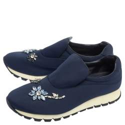 Pre Owned Prada Blue Nylon Catch Me If You Can Crystal Embellished Slip On Sneakers Size 39