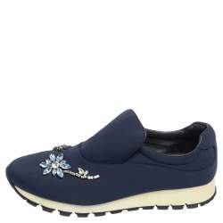 Pre Owned Prada Blue Nylon Catch Me If You Can Crystal Embellished Slip On Sneakers Size 39