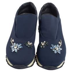Pre Owned Prada Blue Nylon Catch Me If You Can Crystal Embellished Slip On Sneakers Size 39