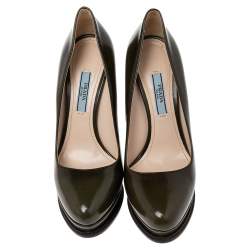 Pre Owned Prada Olive Green Leather Platform Pumps Size 36.5