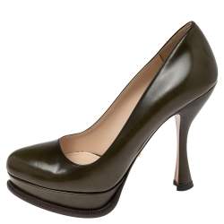 Pre Owned Prada Olive Green Leather Platform Pumps Size 36.5