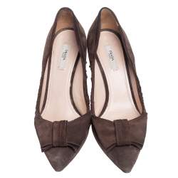 Prada Dark Brown Pleated Suede Pointed Toe Bow Pumps Size 39.5