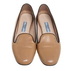 Pre Owned Prada Beige Patent Leather Smoking Flats Size 35