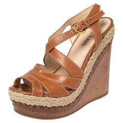 Pre Owned Prada Tan Leather Strappy Espadrille Wedge Platform Sandals Size 37.5